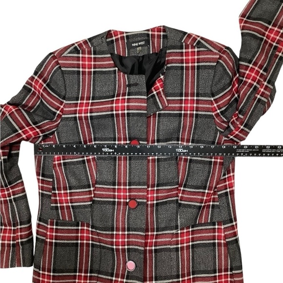Nine West Flannel Long Coat / Blazer Sz 10 Plaid Red 4-Button - Picture 8 of 9